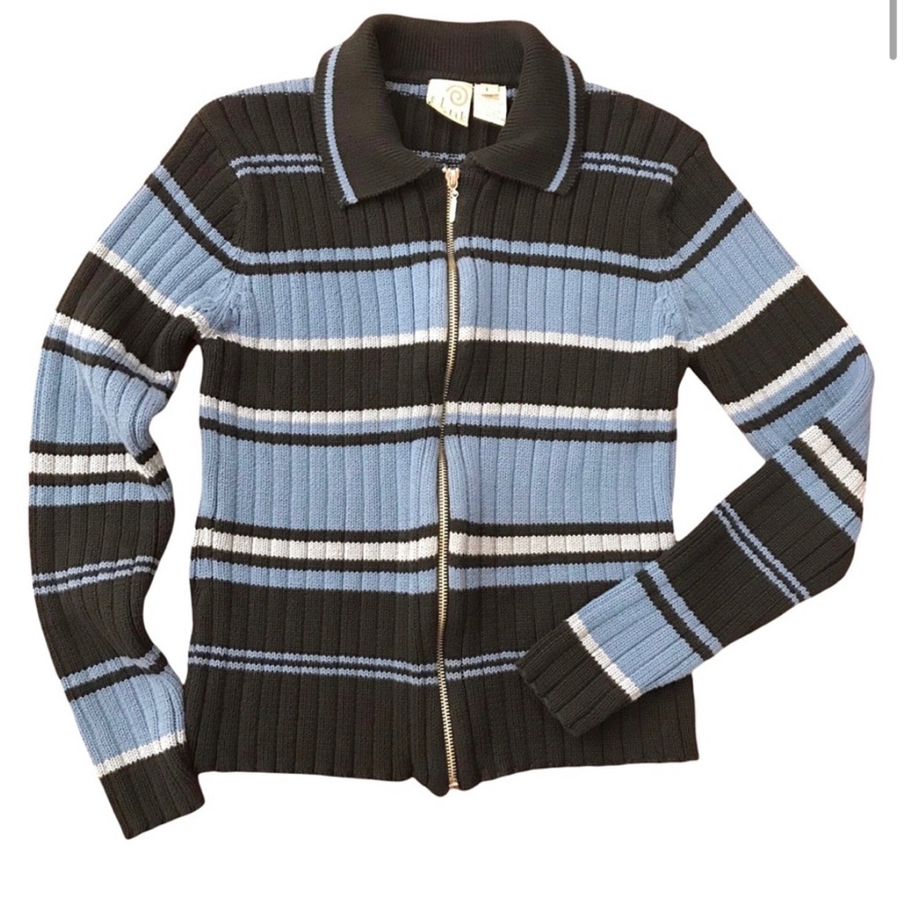 Vintage F.L. Malik 90s Y2K Striped Ribbed Knit Zip Up Cardigan Crop Jumper LARGE